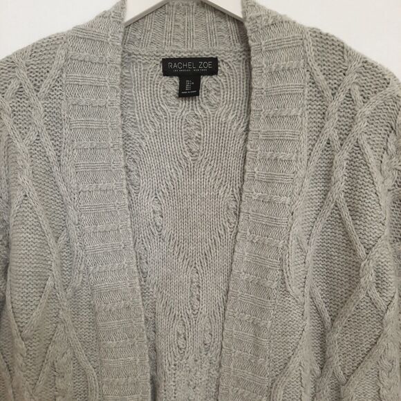 Rachel Zoe Gray Cable Knit Cardigan Sweater Sz Large Wool Blend Open Front - Picture 2 of 9